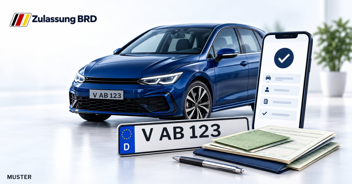 Online Fahrzeugzulassung in Auerbach/Vogtl.: Musterkennzeichen V AB 123, Auto und Fahrzeugpapiere und Smartphone. Illustration mit Logo von Zulassung BRD.